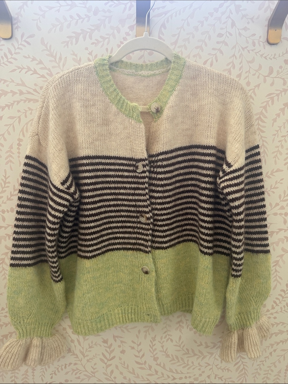 Striped Cream, Black & Green Button-Front Women’s Cardigan